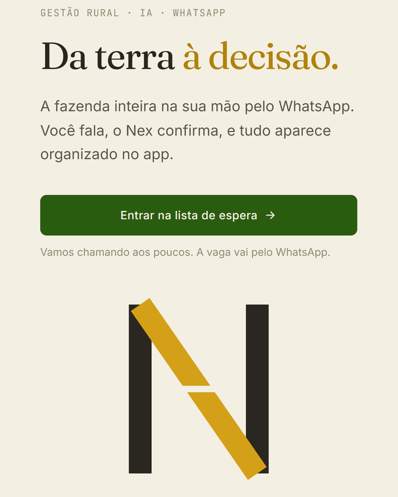 Identidade e telas do produto Nex em mockups de dispositivo.